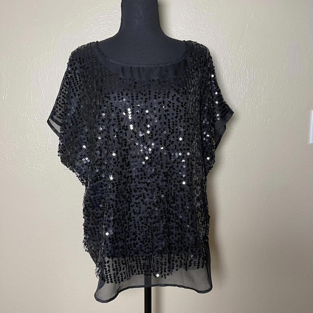 Black Sequin Chiffon See Through Blouse – Party-Ready Glam Top Size M